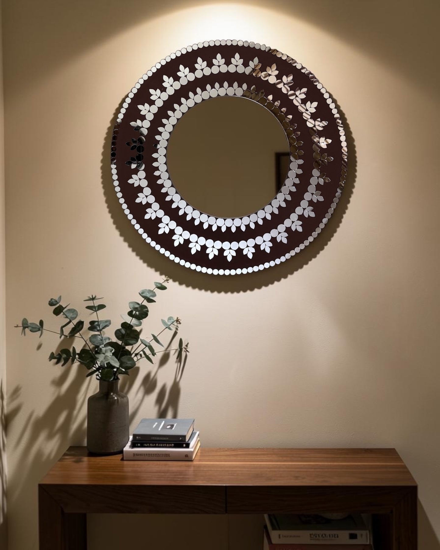 Midnight Bloom – Handcrafted Round Mosaic Wall Hanging Mirror