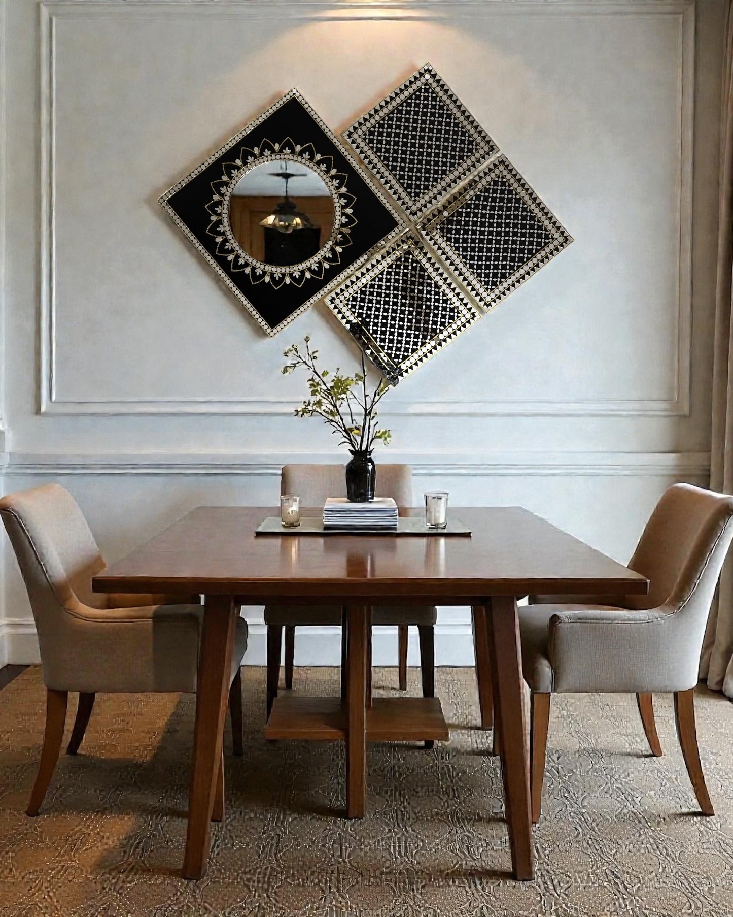 Black & Gold Mandala Diamond Style Mirror Mosaic Wall Hanging– 4-Piece Set by Mirroza