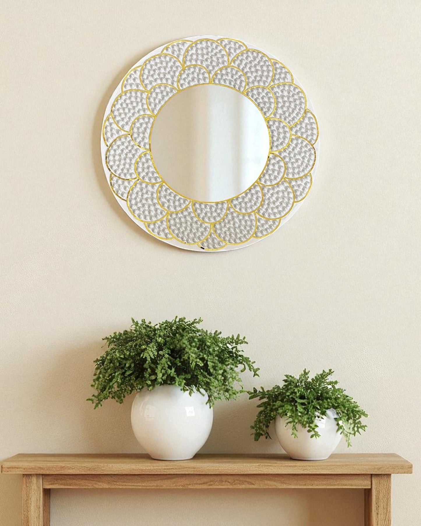 White & Gold Bloom | Handcrafted Pearl Mosaic Mirror by Mirroza