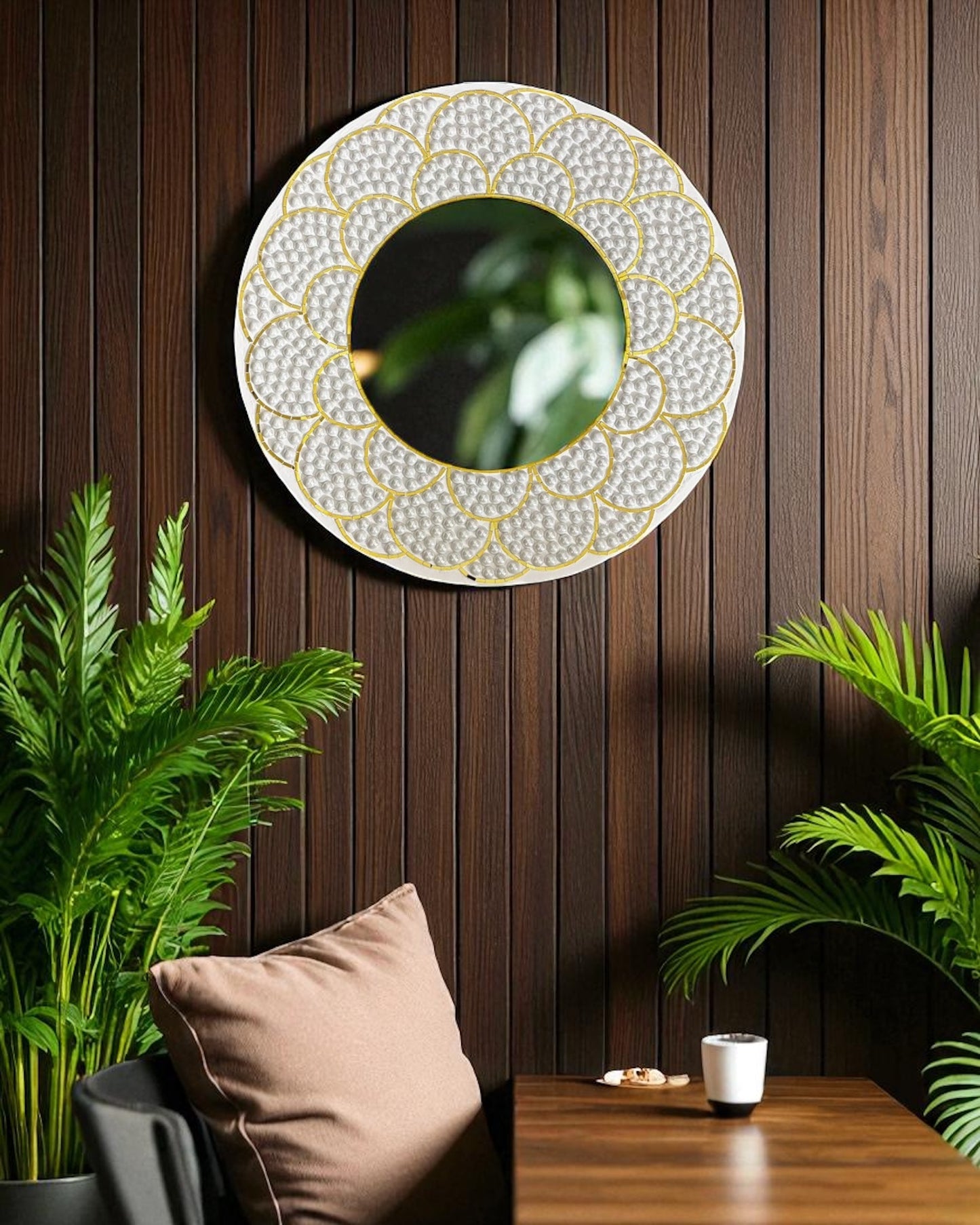 White & Gold Bloom | Handcrafted Pearl Mosaic Mirror by Mirroza