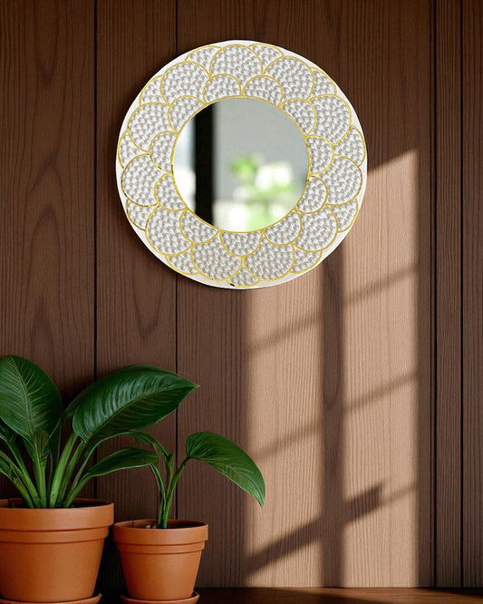 White & Gold Bloom | Handcrafted Pearl Mosaic Mirror by Mirroza