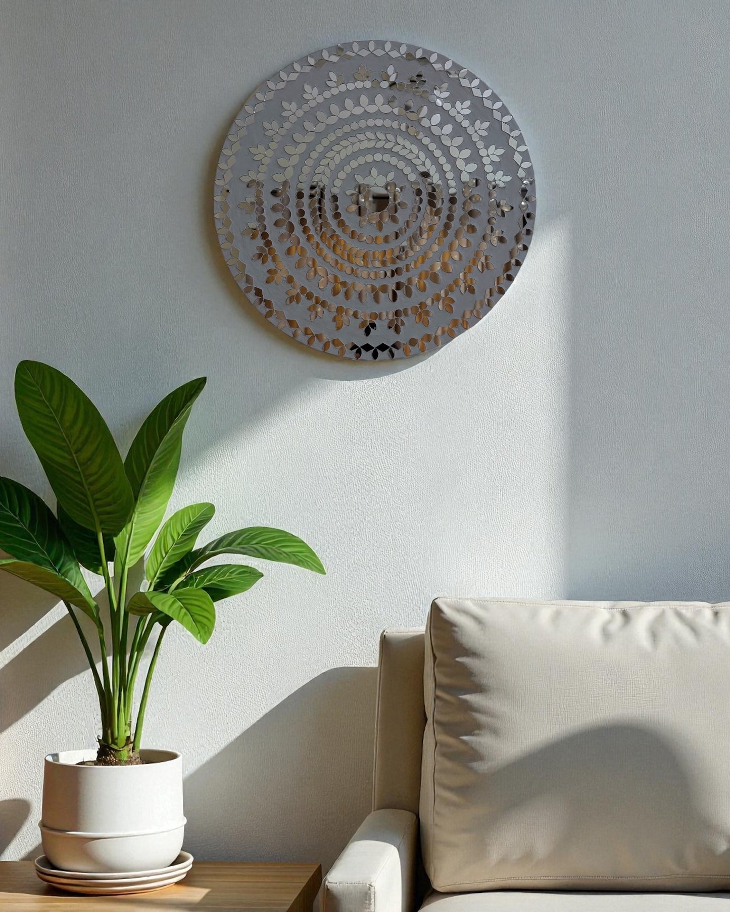 White Bloom – Handcrafted Round Mosaic Mirror Wall Art | Mirroza