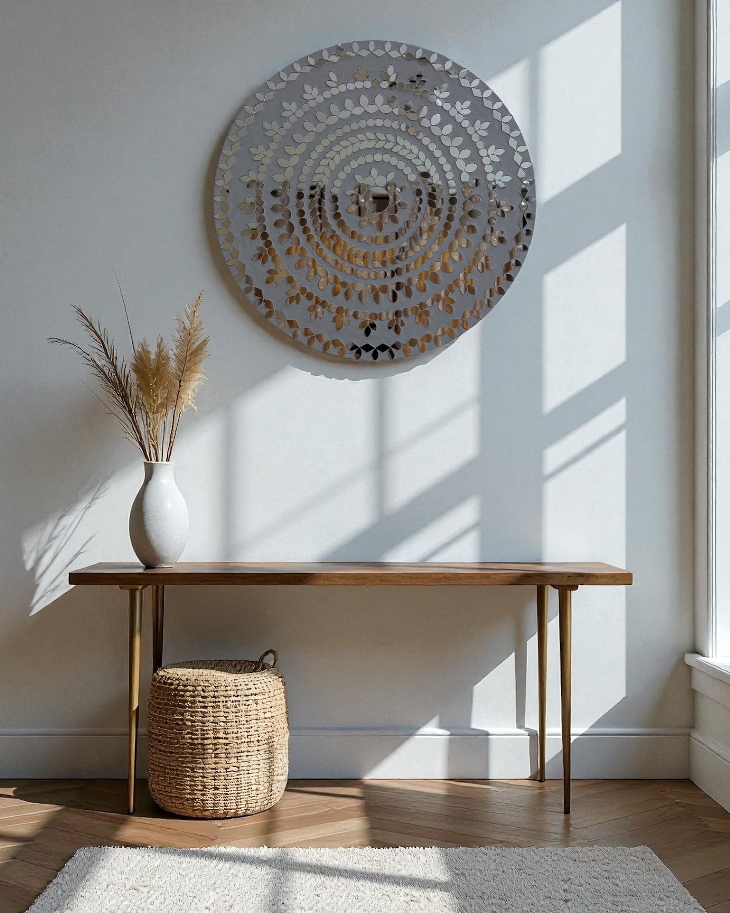 White Bloom – Handcrafted Round Mosaic Mirror Wall Art | Mirroza