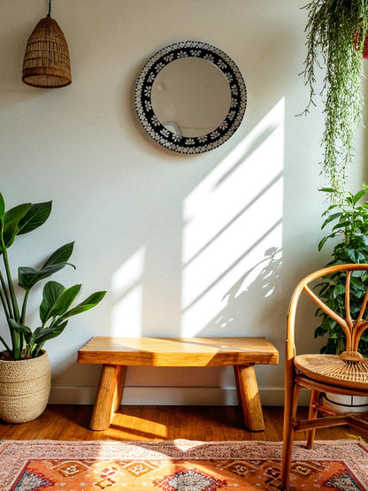 Black floral mosaic mirror mounted on a beige wall with bohemian decor and indoor plants.