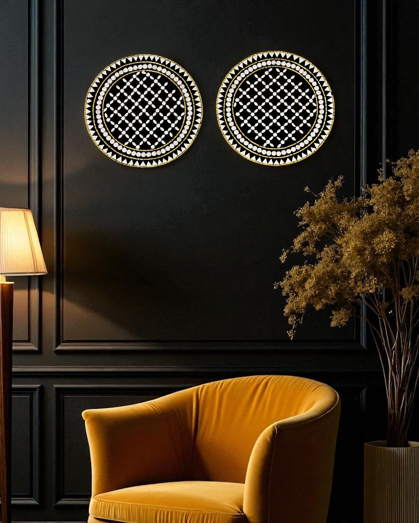 Black & Gold Mandala Mirror Mosaic Wall Hangings – 2-Piece Round Set