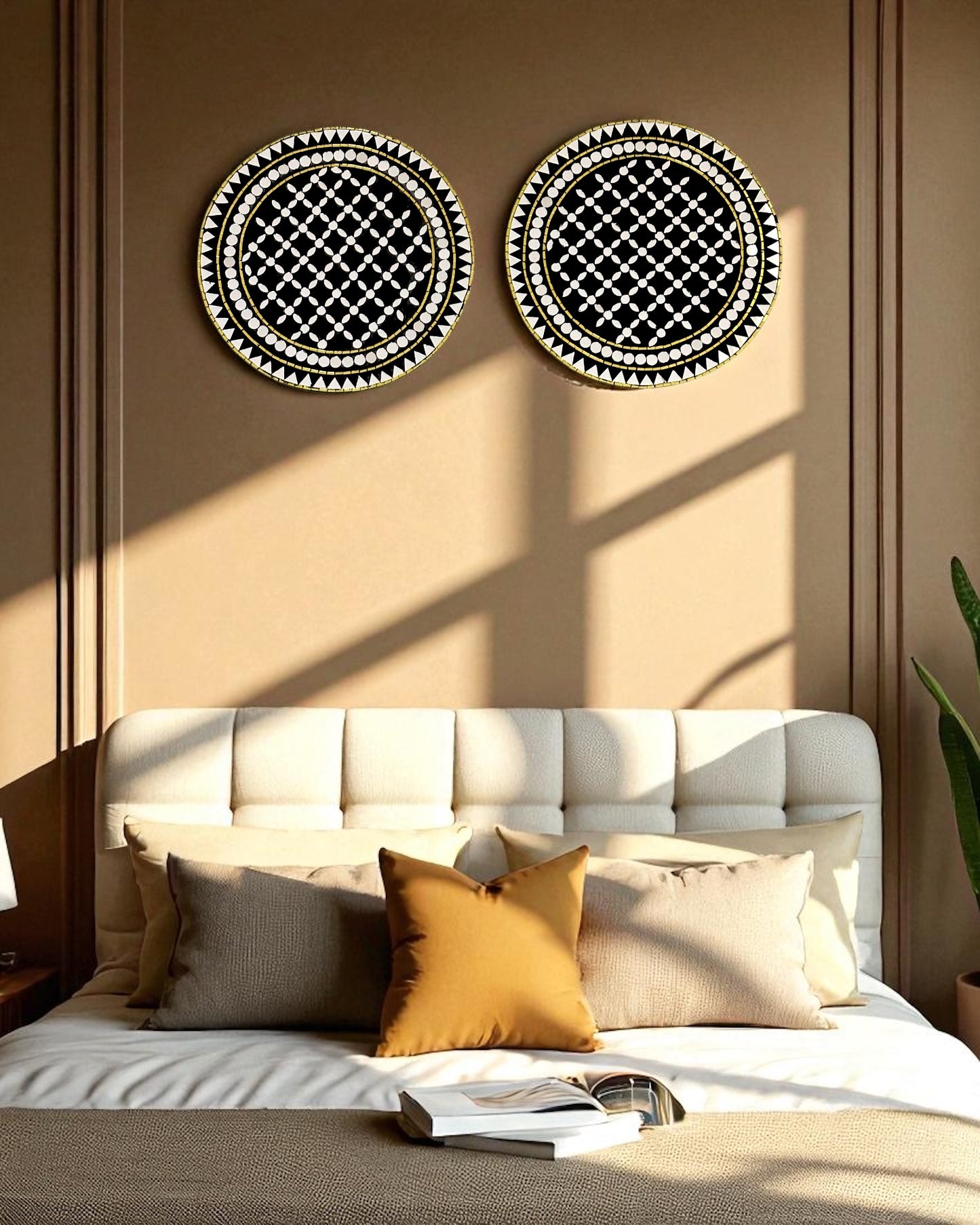 Black & Gold Mandala Mirror Mosaic Wall Hangings – 2-Piece Round Set
