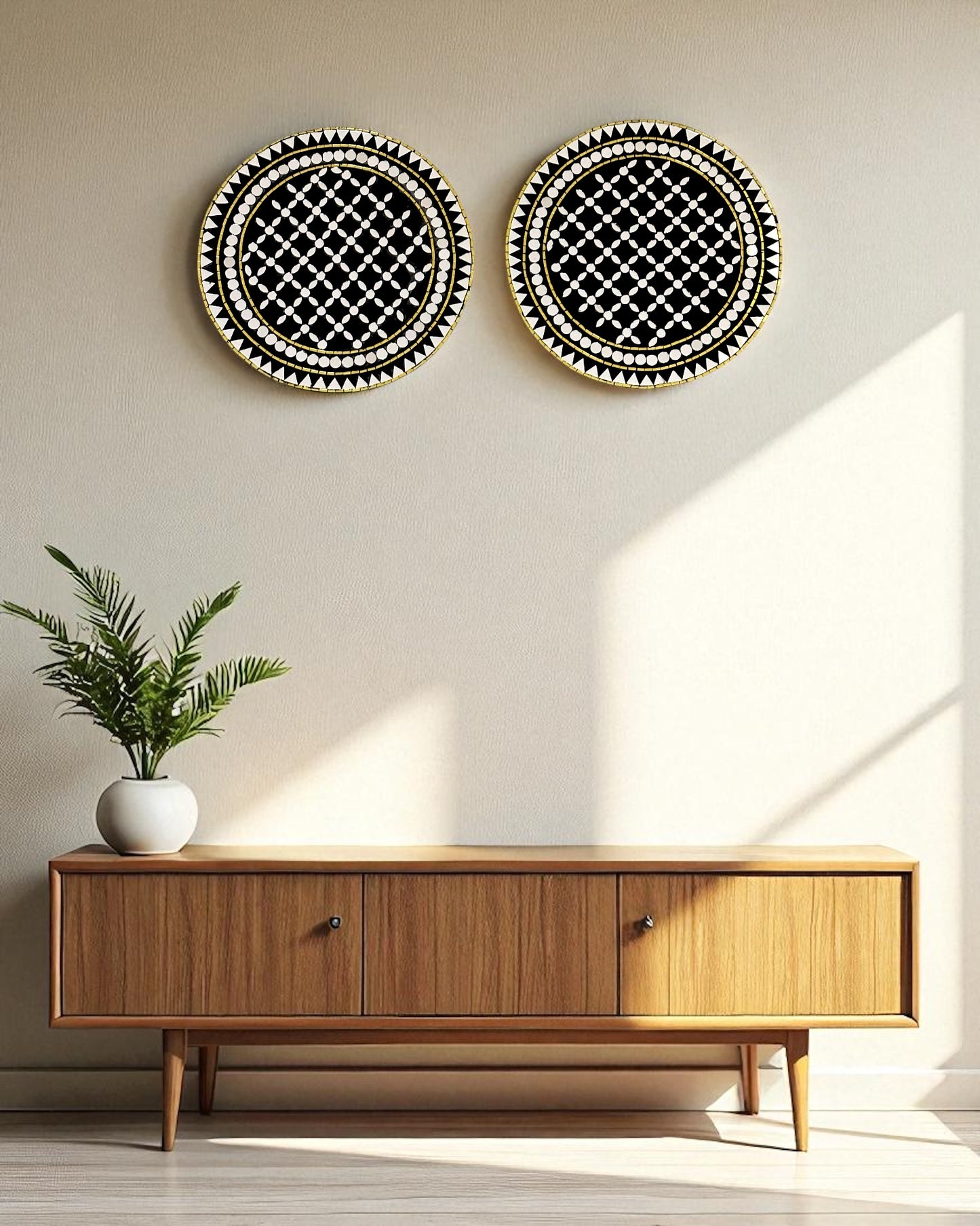 Black & Gold Mandala Mirror Mosaic Wall Hangings – 2-Piece Round Set