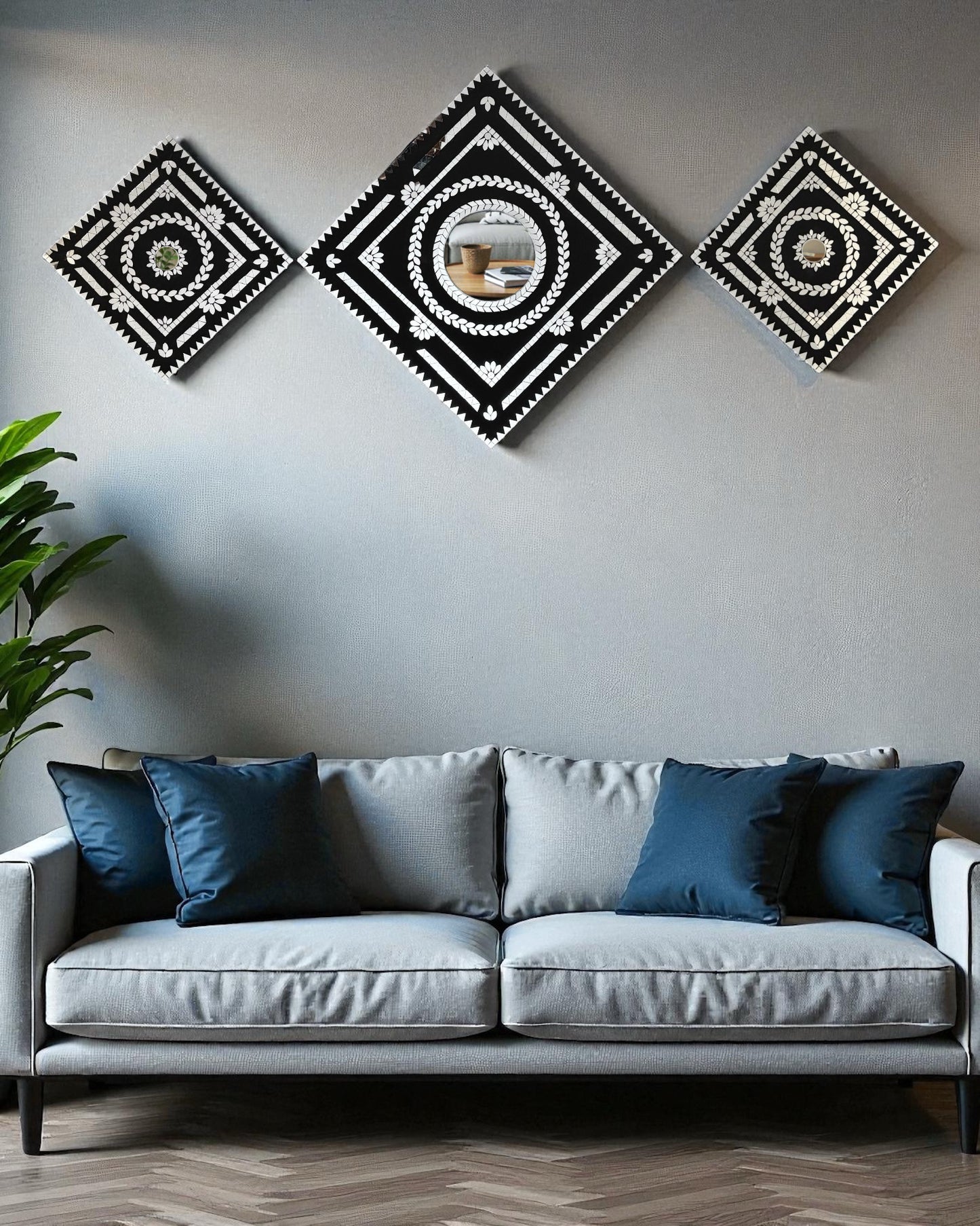 Black Prism – 3-Piece Diamond Mirror Mosaic Wall Hanging Set by Mirroza