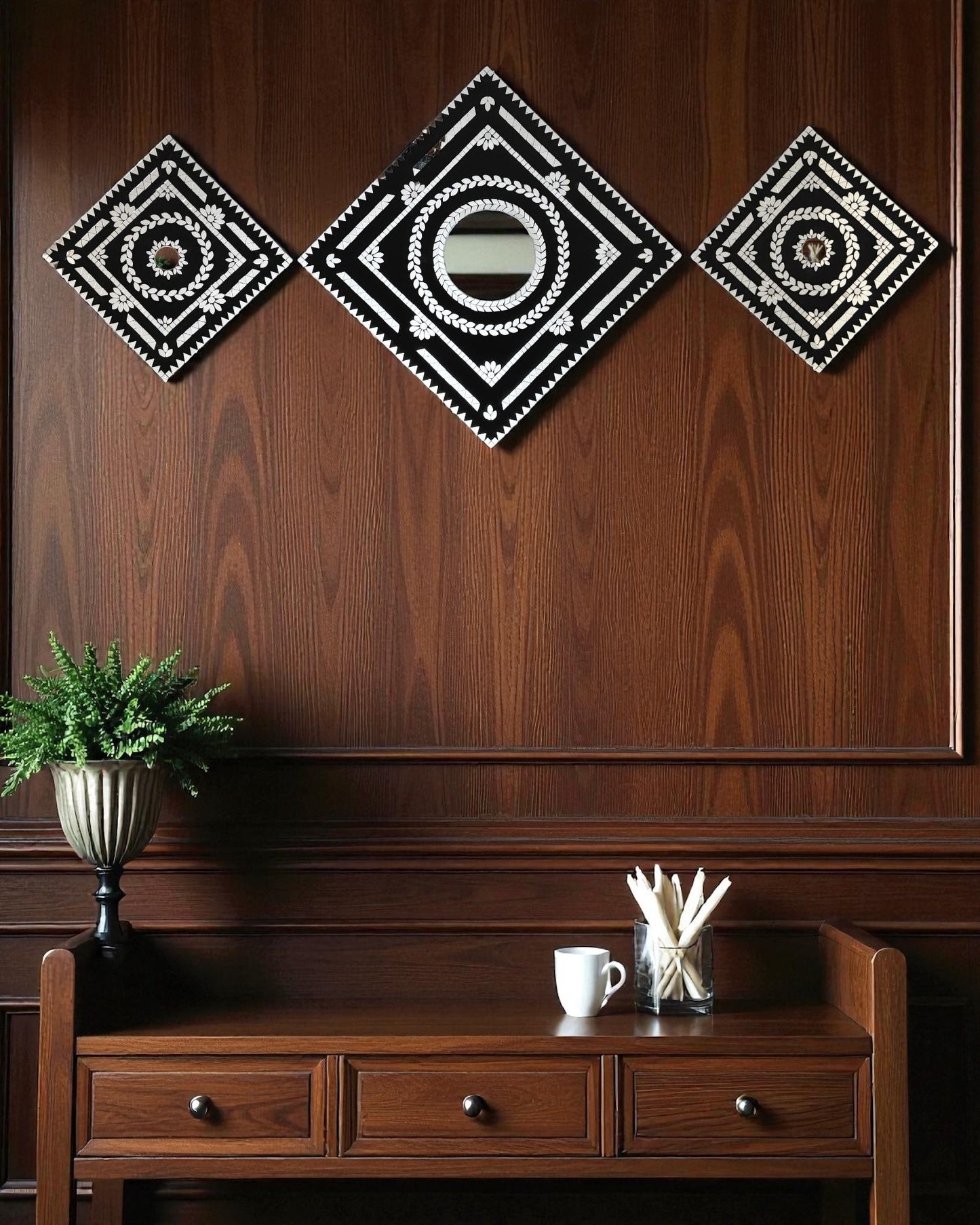 Black Prism – 3-Piece Diamond Mirror Mosaic Wall Hanging Set by Mirroza