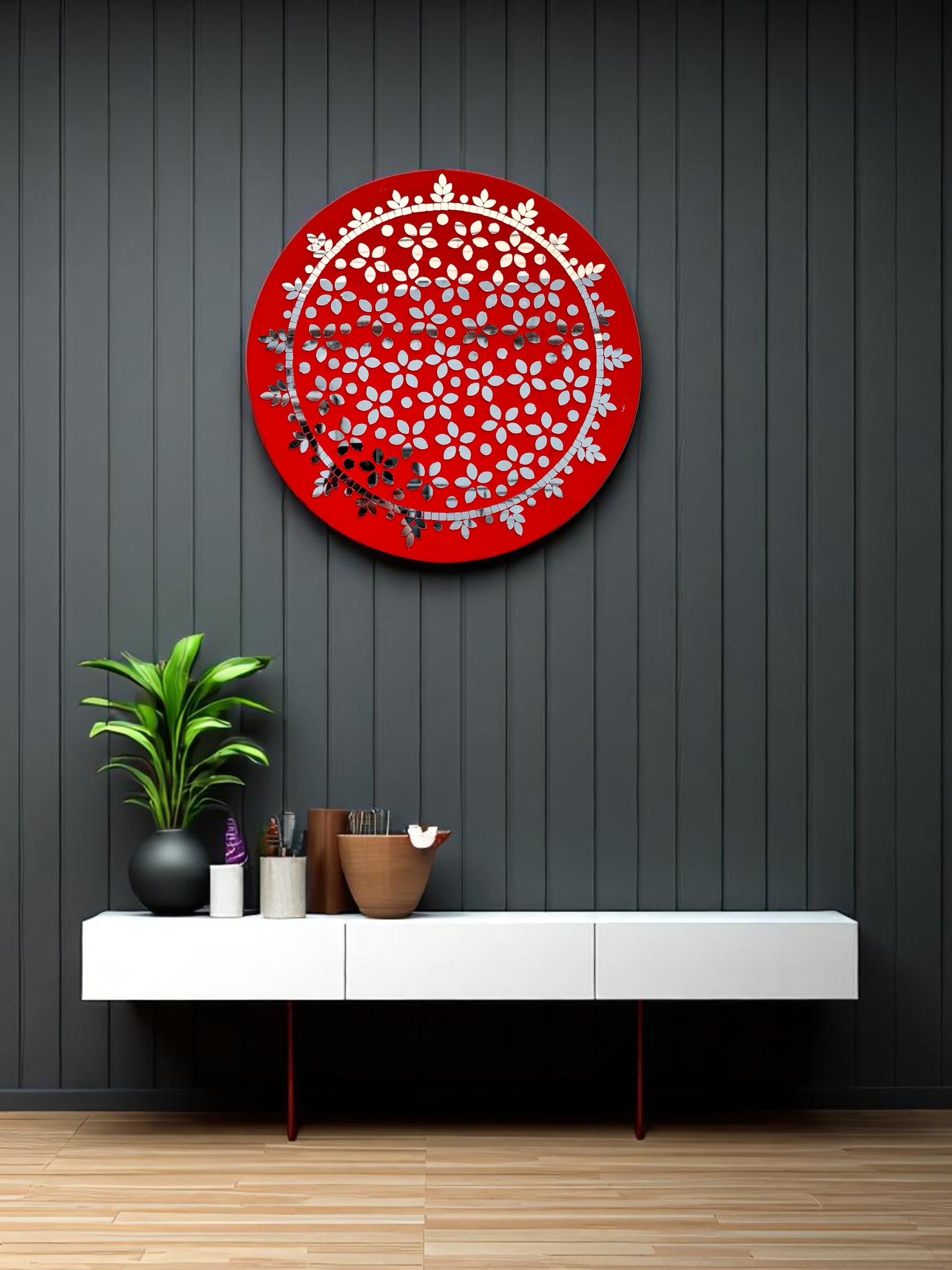 Handmade red floral mosaic wall art mirror by Mirroza displayed above a console table in a cozy interior setting