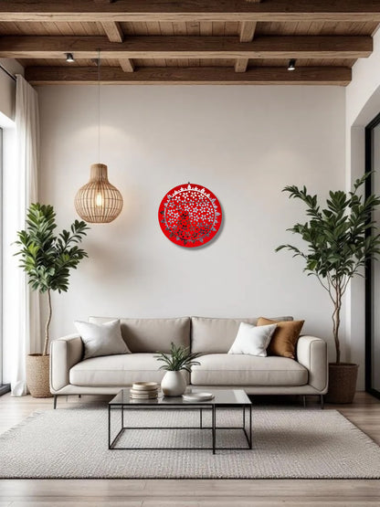 Handcrafted red floral mosaic wall art by Mirroza displayed in a modern living room