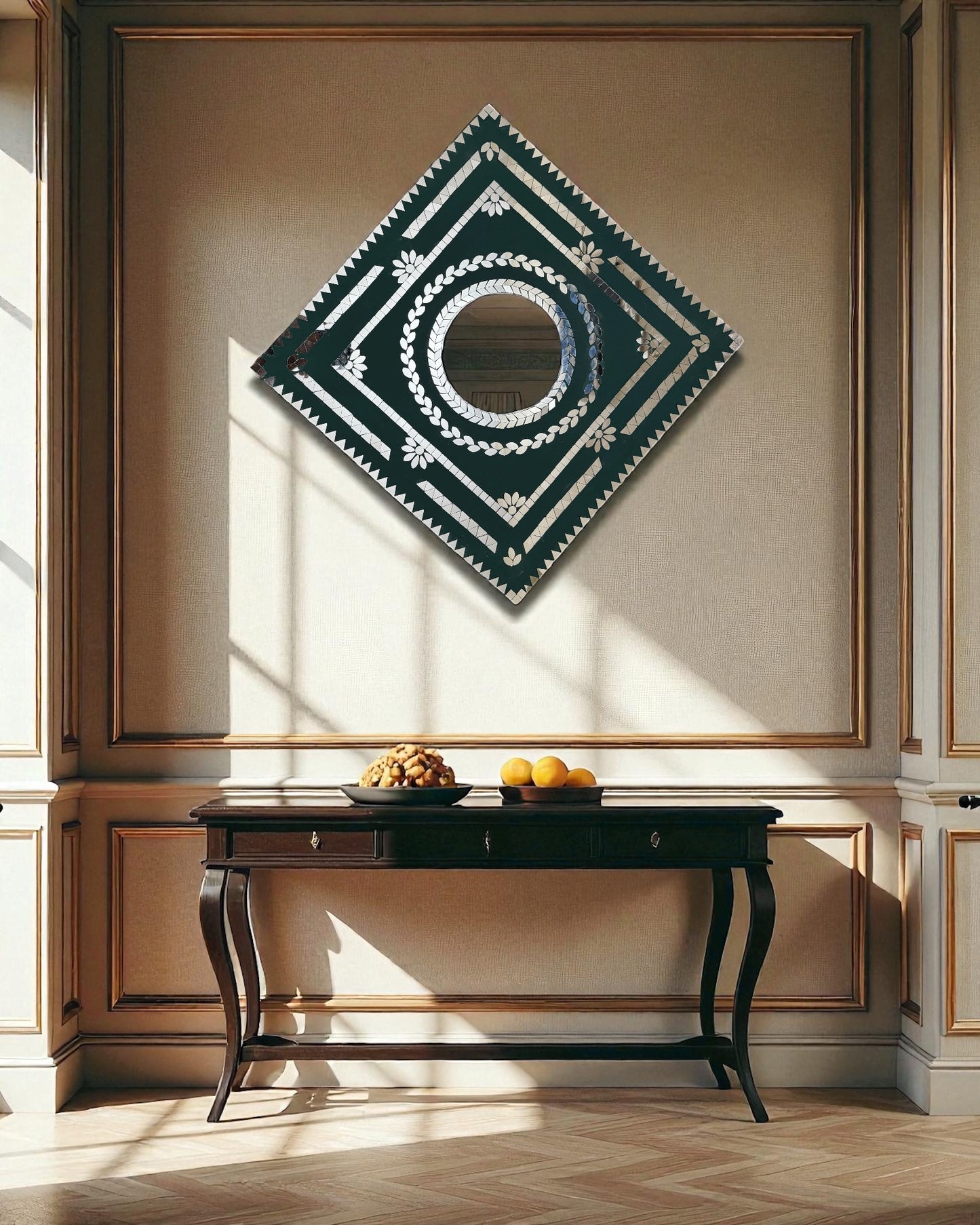Emerald prism  mirror mosaic wall hanging displayed in a modern hallway
