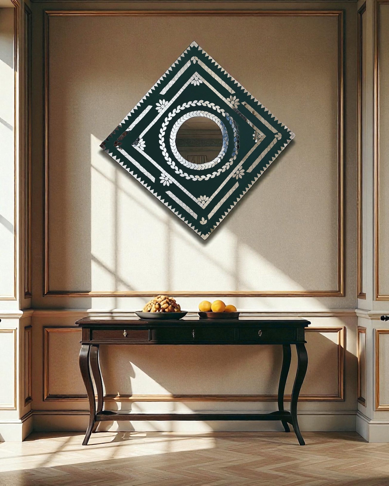 Emerald prism  mirror mosaic wall hanging displayed in a modern hallway