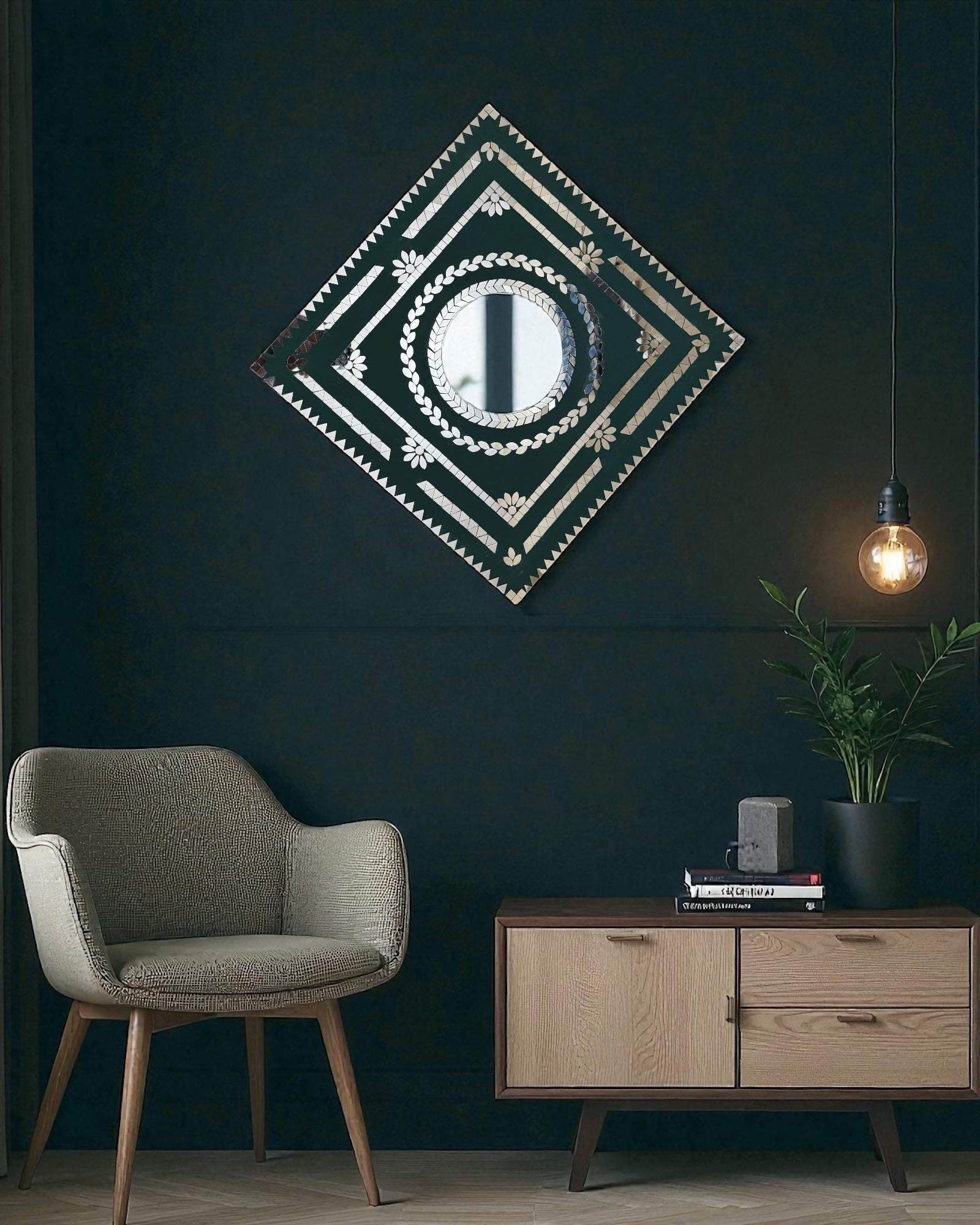Emerald prism mirror mosaic wall hanging displayed in a corner of room