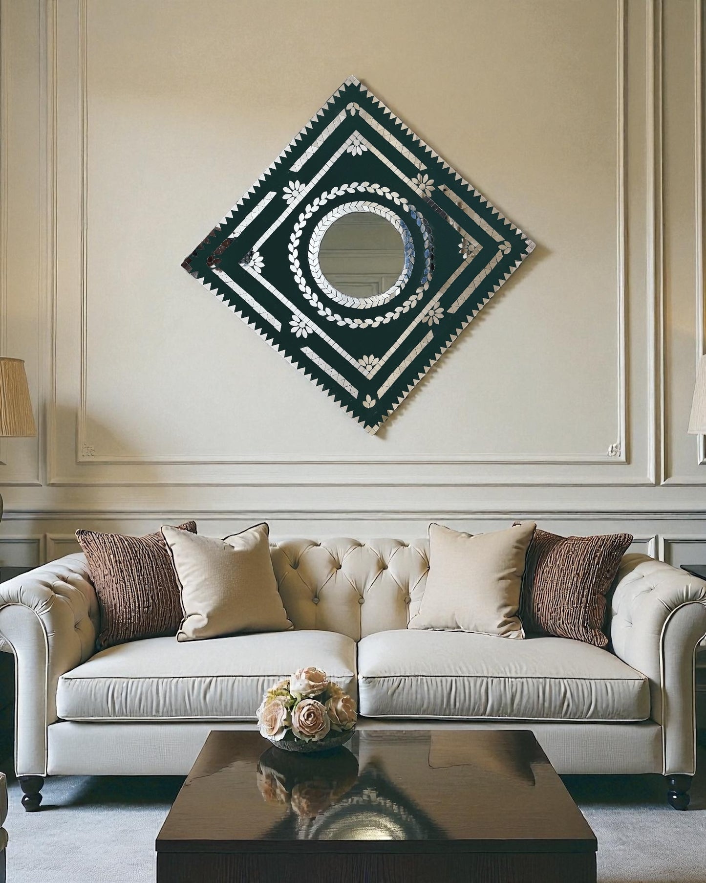 Emerald prism mirror mosaic wall hanging displayed in a modern living room