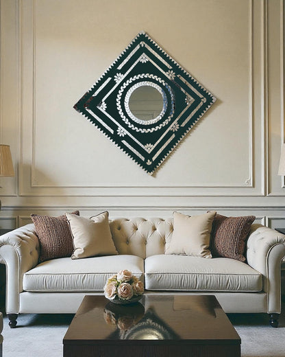 Emerald prism mirror mosaic wall hanging displayed in a modern living room