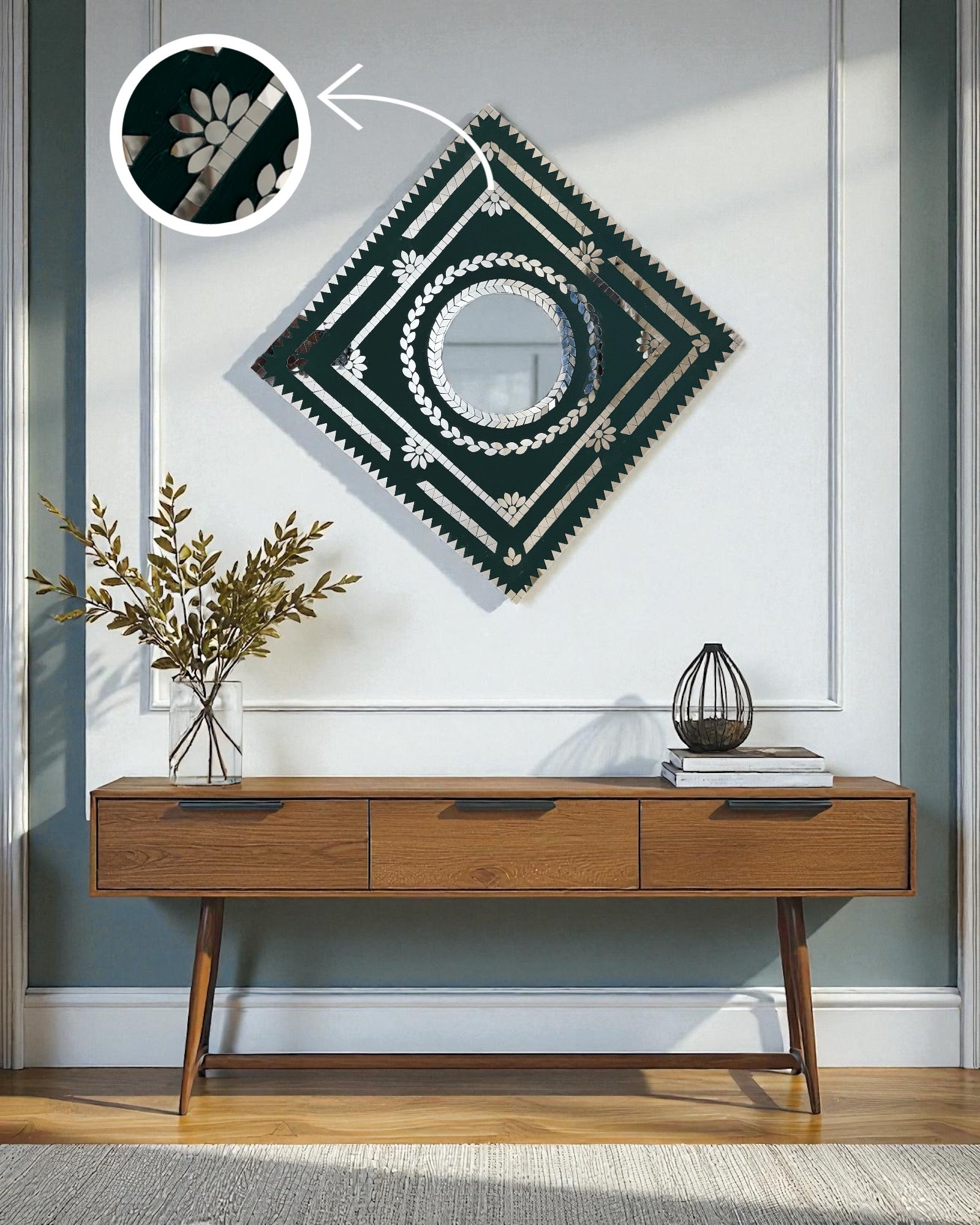Emerald prism mirror mosaic wall art displayed above the console