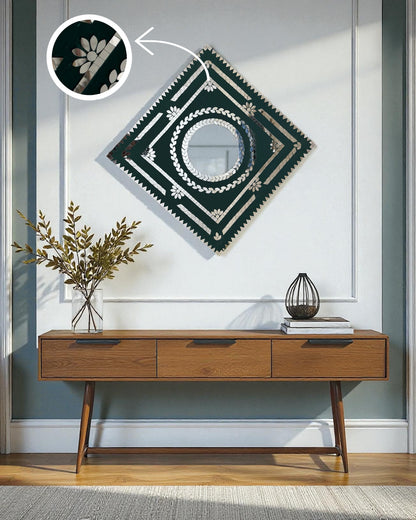 Emerald prism mirror mosaic wall art displayed above the console
