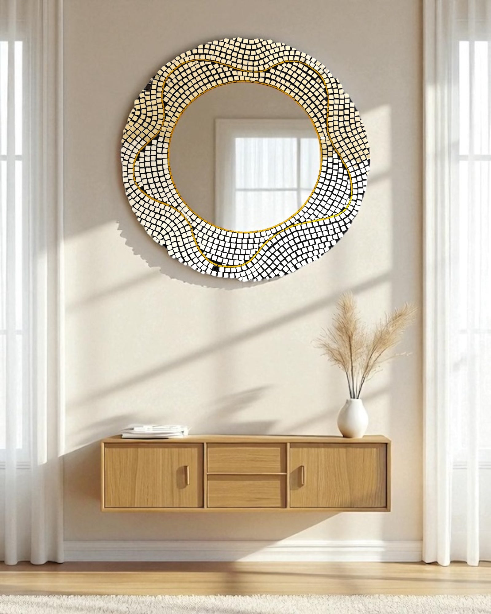 Decorative round mirror mosaic with beaded frame on a wall above a wooden cabinet.