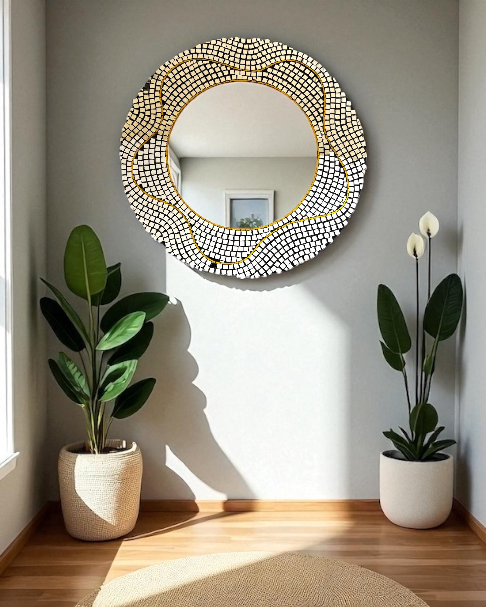 Decorative round mirror mosaic wall mirror with a beaded frame in a room with plants and a rug.