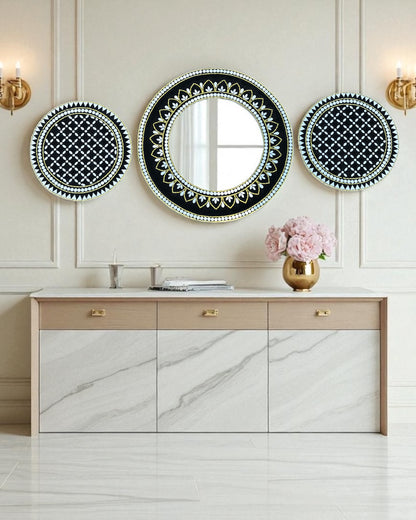 Elegant mirror mosaic wall art set styled in a luxurious marble-accented entryway with gold décor and warm lighting