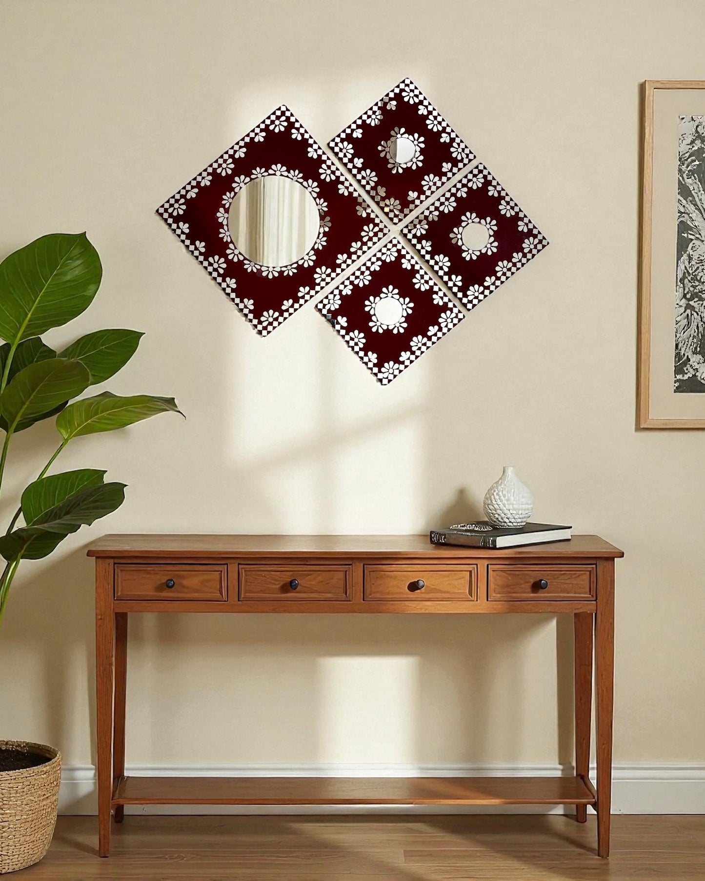 Midnight Merlot 4-Piece Mirror Mosaic Wall Hanging Set | Handcrafted by Mirroza