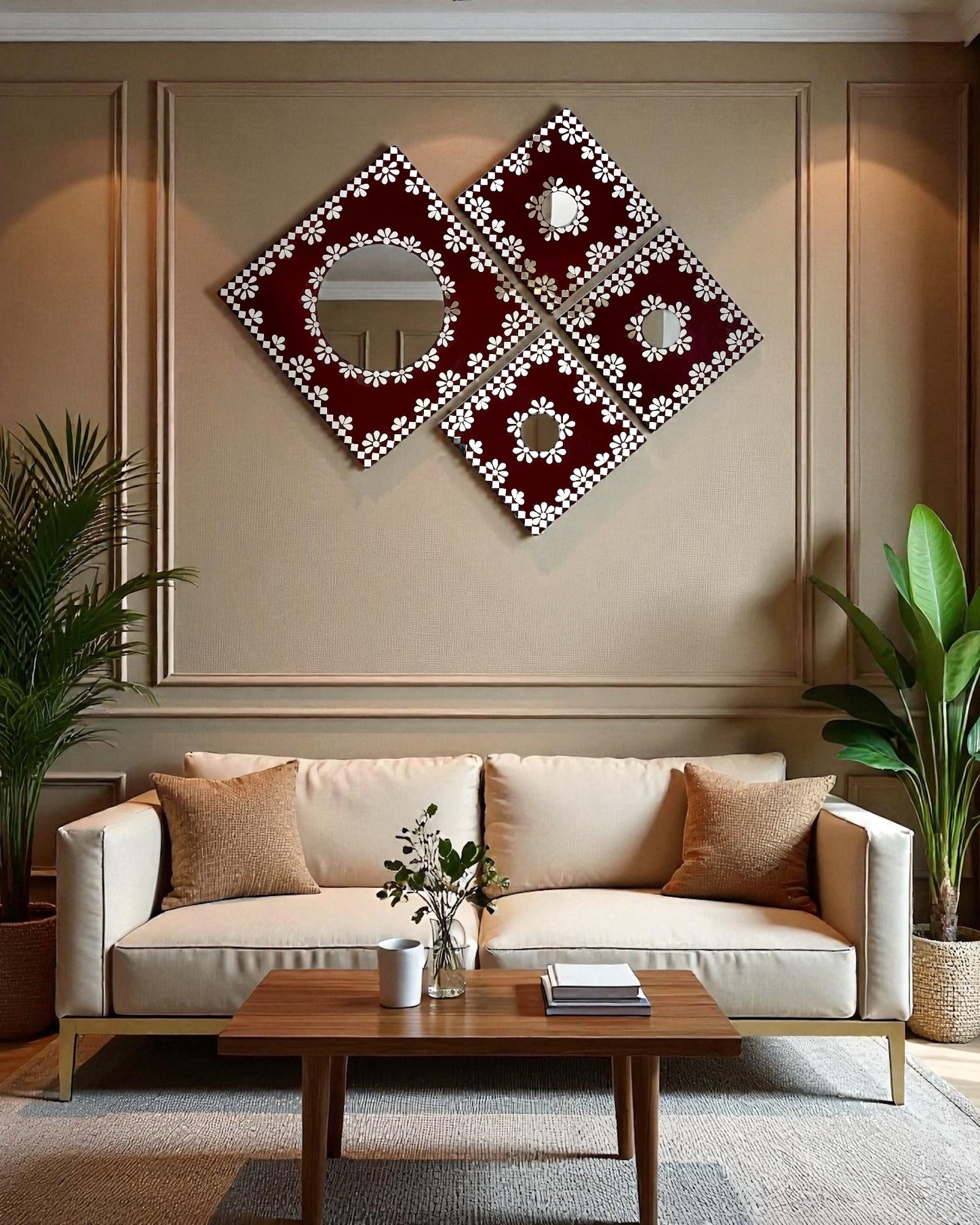 Midnight Merlot 4-Piece Mirror Mosaic Wall Hanging Set | Handcrafted by Mirroza