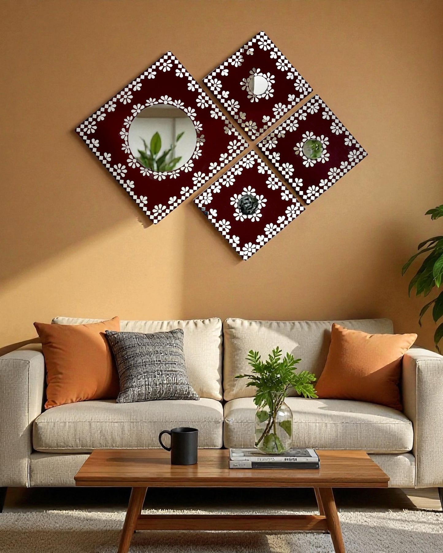 Midnight Merlot 4-Piece Mirror Mosaic Wall Hanging Set | Handcrafted by Mirroza