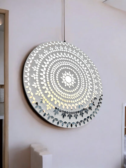 close-up view of white handcrafted mosaic mirror art with floral pattern by Mirroza