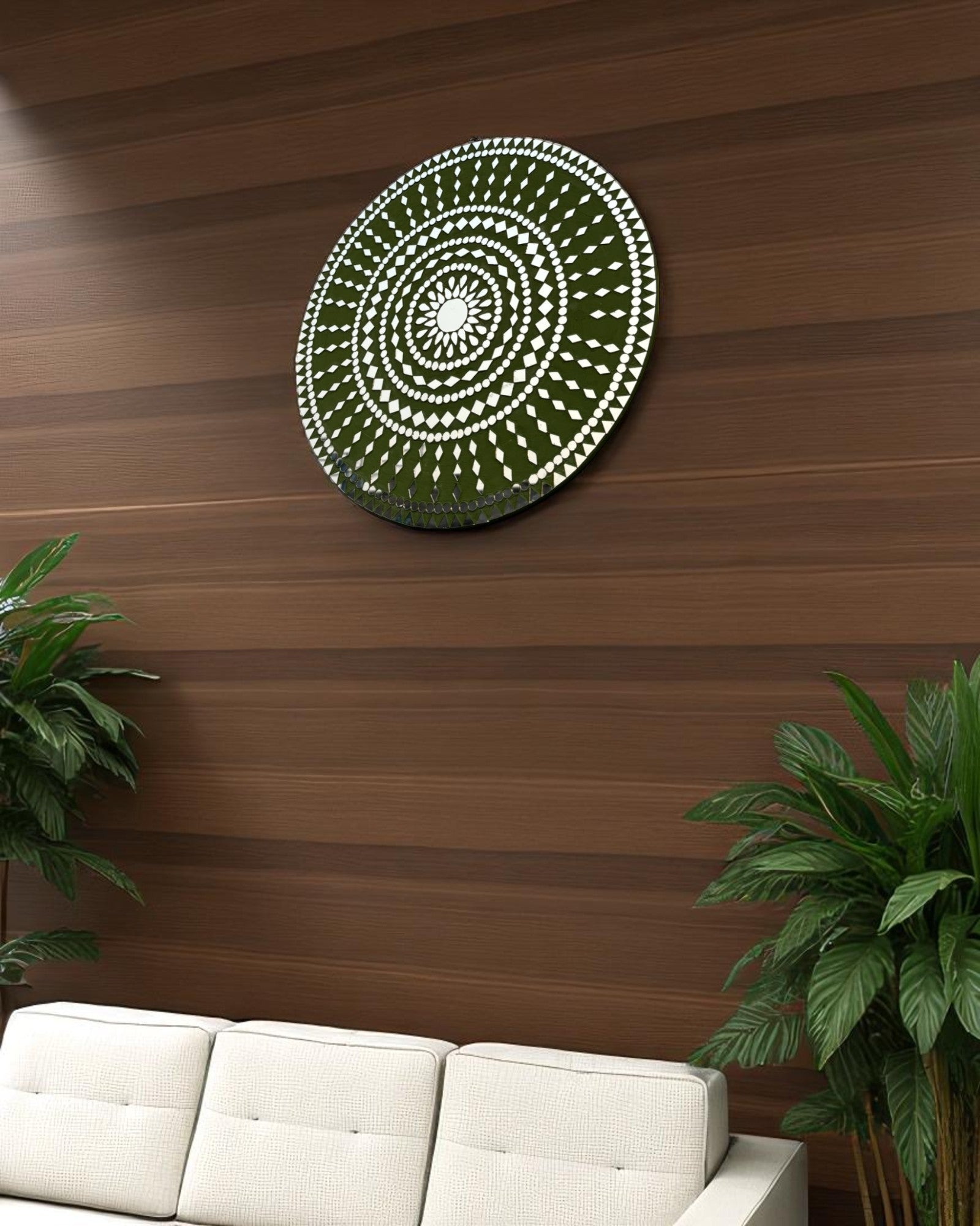 Left side perspective of Mirroza’s Olive Bloom mosaic wall mirror showcasing detailed craftsmanship and elegant floral layout on a wooden wall with white sofa