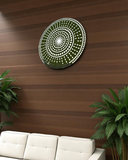 Left side perspective of Mirroza’s Olive Bloom mosaic wall mirror showcasing detailed craftsmanship and elegant floral layout on a wooden wall with white sofa
