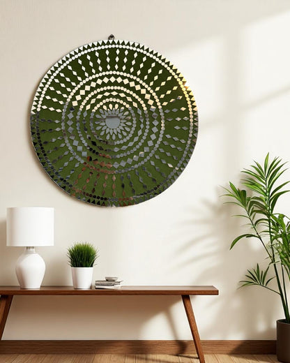 Front view of Olive Bloom round mosaic wall mirror with olive green floral mandala design – handcrafted mirror art by Mirroza