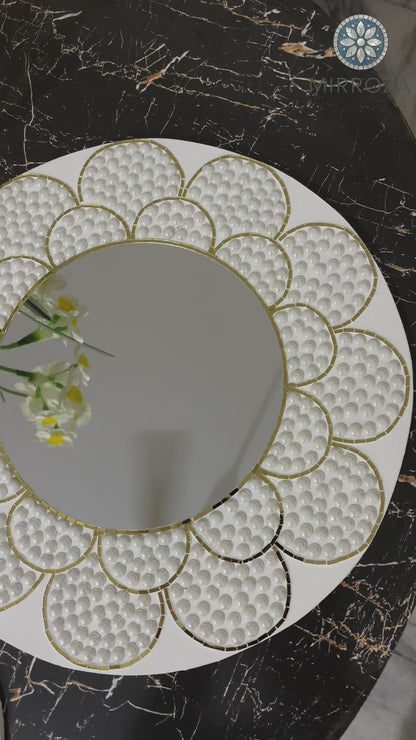 White & Gold Bloom | Handcrafted Pearl Mosaic Mirror Set (3-Pack) by Mirroza