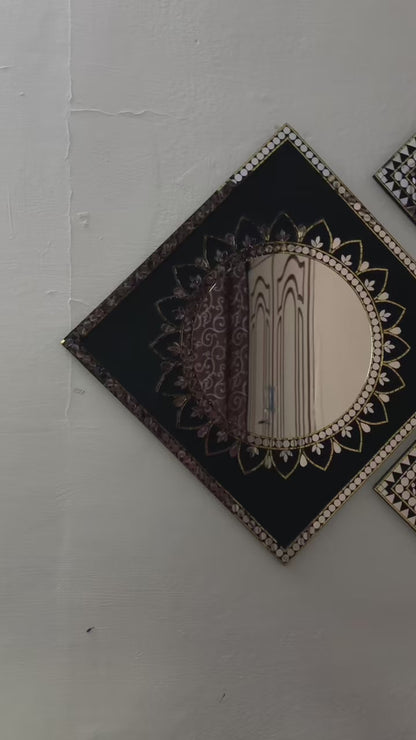 Black & Gold Mandala Diamond Style Mirror Mosaic Wall Hanging– 4-Piece Set by Mirroza