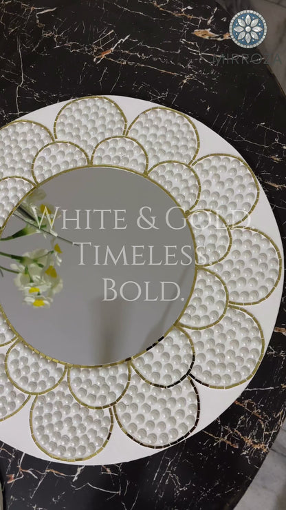 White & Gold Bloom | Handcrafted Pearl Mosaic Mirror by Mirroza
