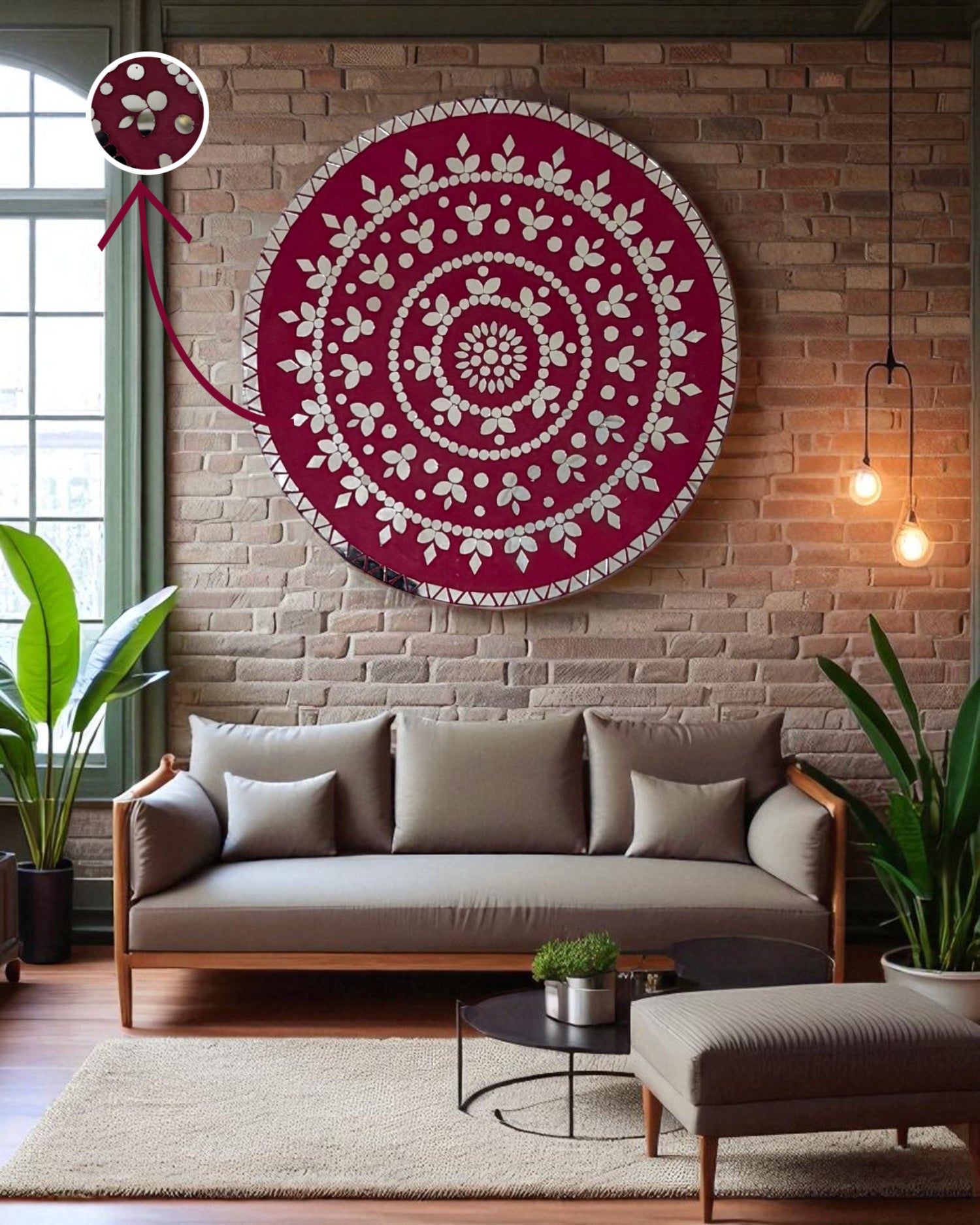 Rose Radiance deep fuchsia mosaic wall art set on a brick wall