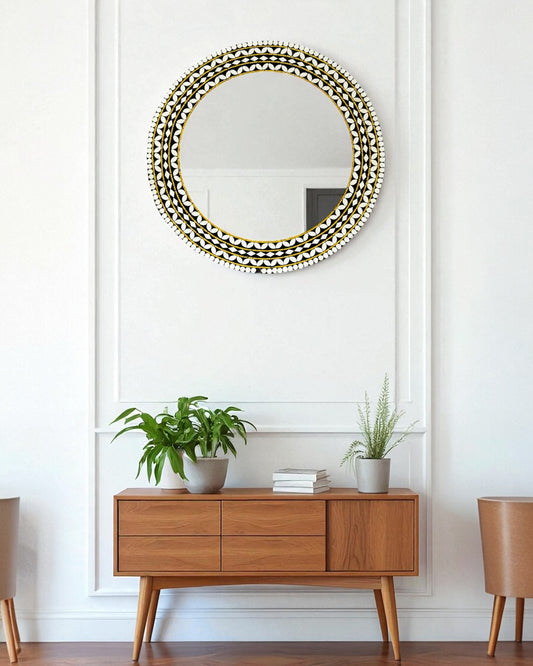 Handcrafted Black & Gold Round Mirror Mosaic Wall Hanging by Mirroza