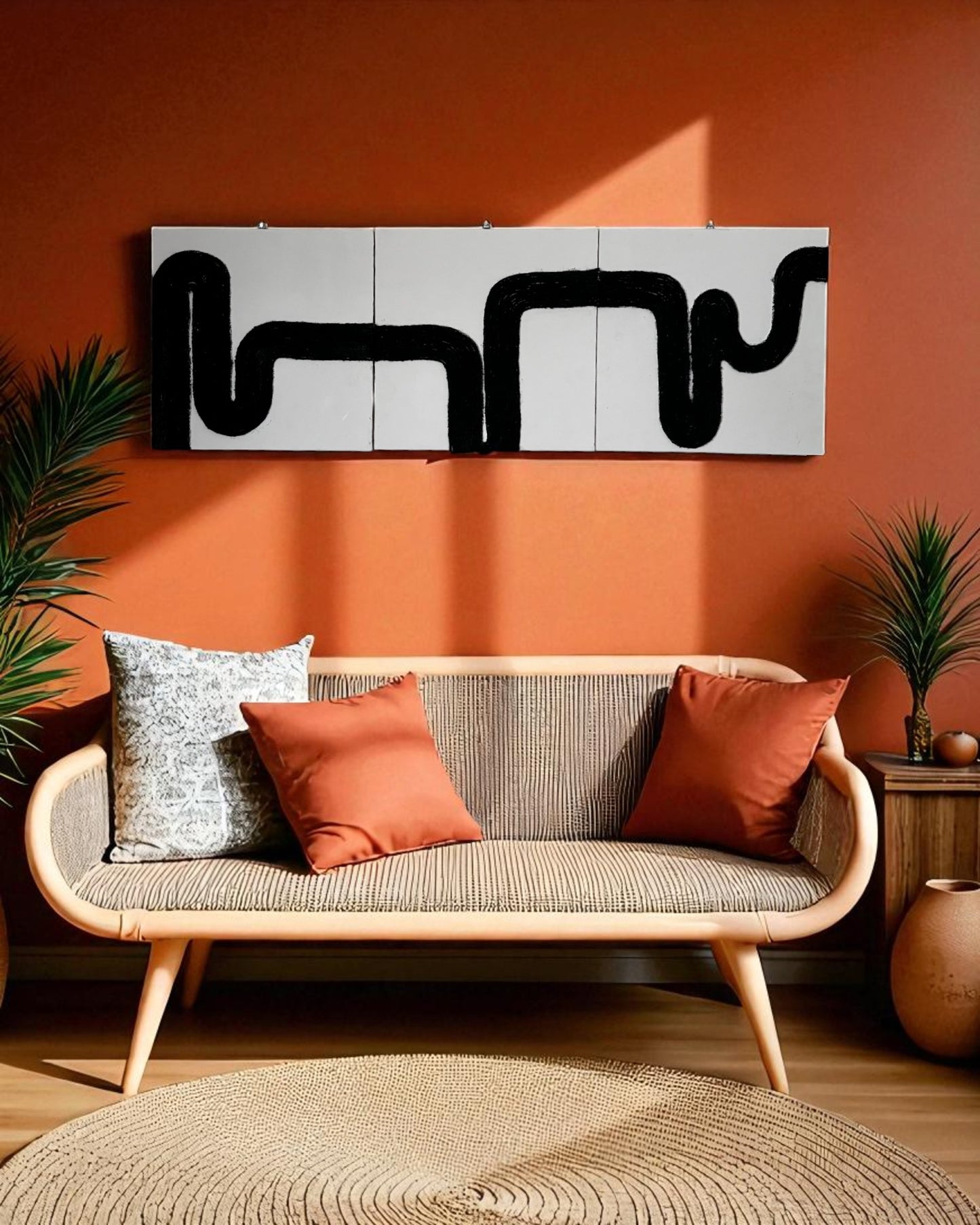 Abstract rope art displayed in cozy boho interior with terracotta walls, cane furniture and earthy decor